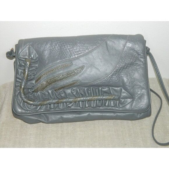 Roselli Hangbag Gray Leather Snakeskin Ruffle Vintage  Oversized Purse - Picture 1 of 8